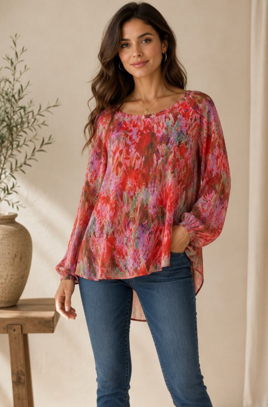 Haute Hippie Silk Floral Abstract Print Boat Neck High Low Blouse Top Small